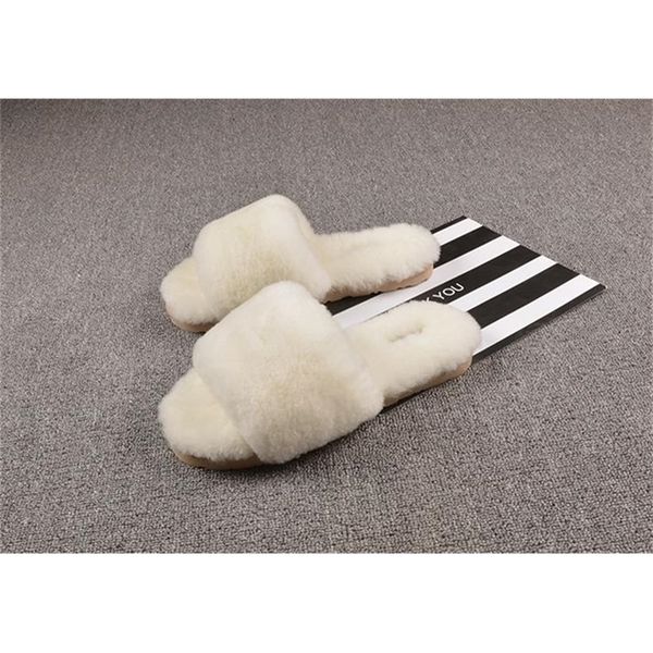 

new furry natural sheep leather and fur in one piece pure wool slippers winter home u style y201026, Black