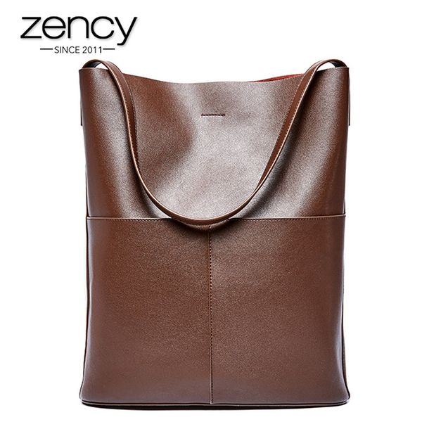 

zency 100% genuine leather fashion coffee women shoulder bag tote handbag daily casual shopping bags for lady black c0121