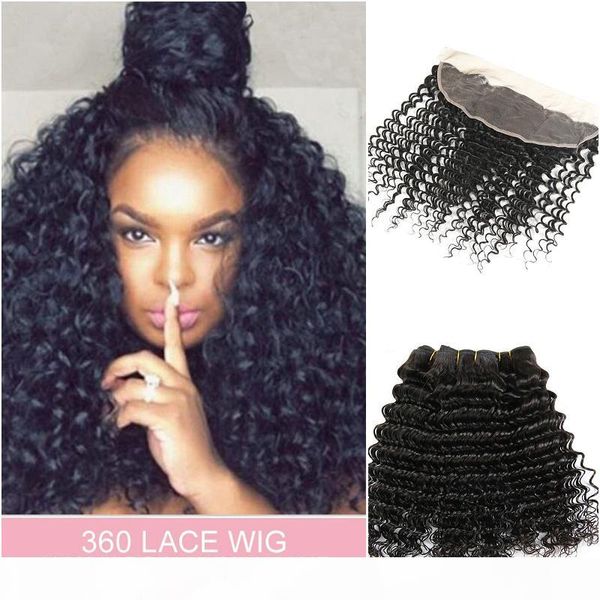 

lace frontal closure with 3 bundles indian virgin hair weaves indian human hair closures deep wave, Black;brown