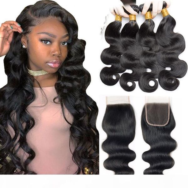 

4 bundles body wave human hair weave with closure natural black unprocessed brazilian virgin hair bundles deal 7a grde hair extensions
