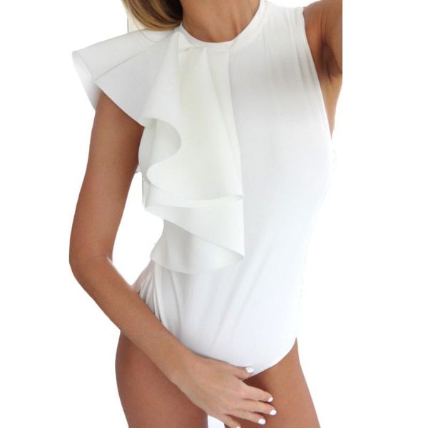 

women bodysuit zipper back ruffle jumpsuit ladies summer round neck slim minimalist solid form fitting romper #10, Black;white