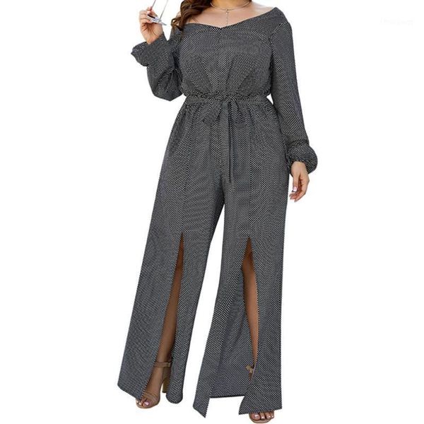 

women's jumpsuit retro polka dot halter long sleeves lazy wide leg trousers plus size 2xl-4xl1, Black;white