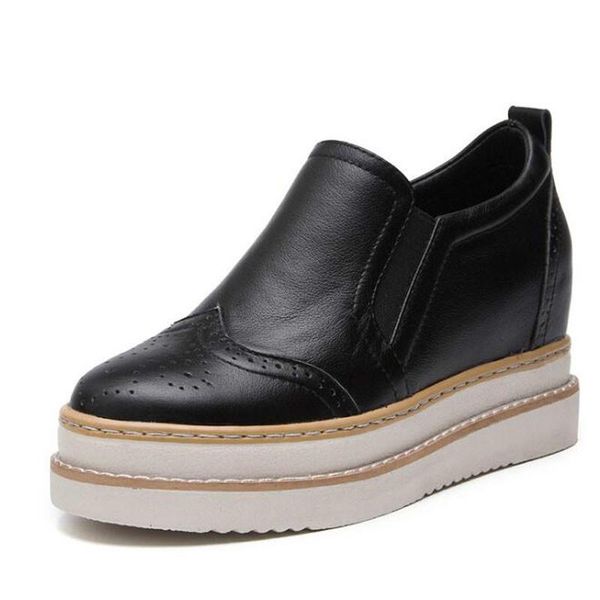 

new arrival woman summer casual genuine leather thick sole shoes women creepers casual breathable flat platform shoes 758, Black