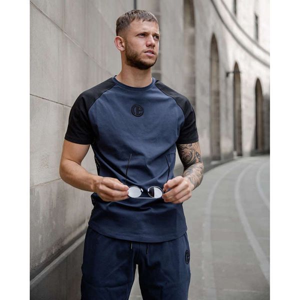 

men's new muscle brothers sports fitness suit t-shirt short sleeve capris set running shorts, Gray