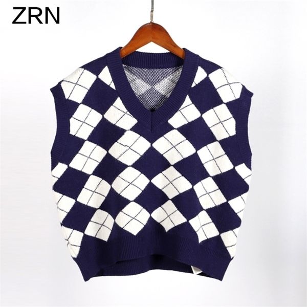 

zrn women sweater diamond plaid jacquard sleeveless sweater autumn vintage elegant v-neck knitted england style vest 201202, White;black