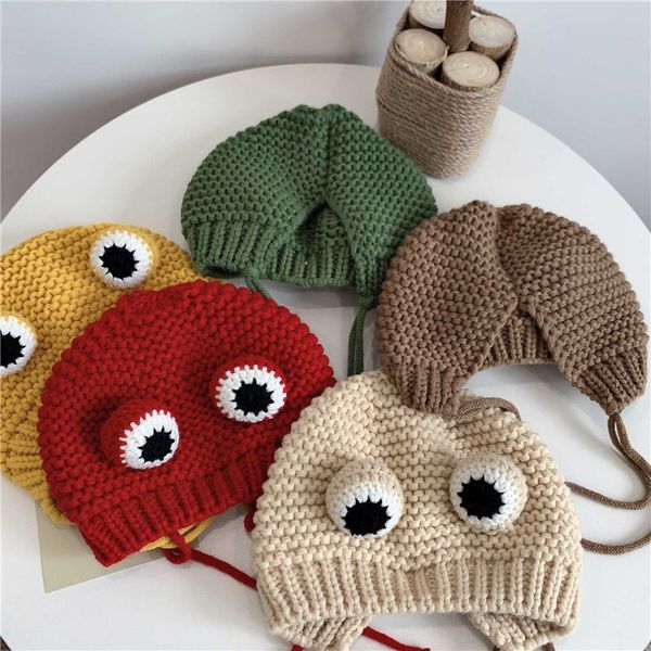 

children cute frog beanies winter warm fleece knitted beanie skull caps fashion outdoor kids crochet hats cap earmuffs hats for 6m-2y ly1014, Yellow