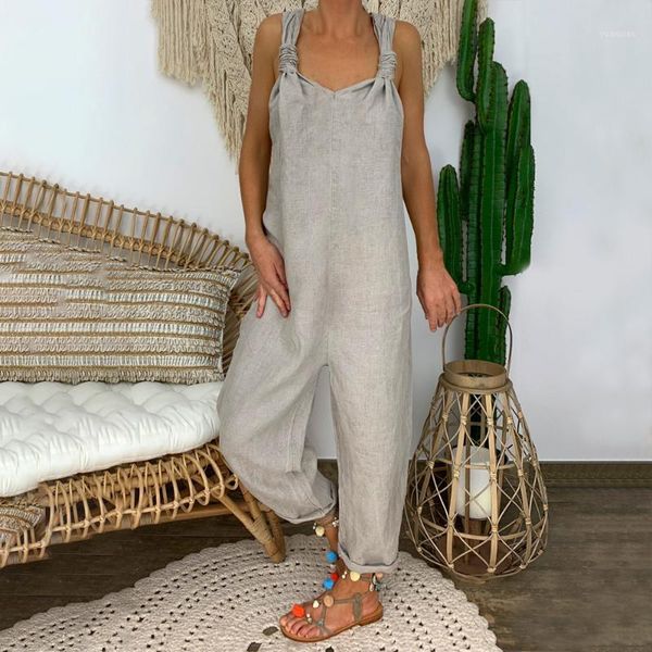 

2020 women casual solid strappy dungarees vintage cotton linen loose party long overalls fashion rompers jumpsuits adisputent1, Black;white