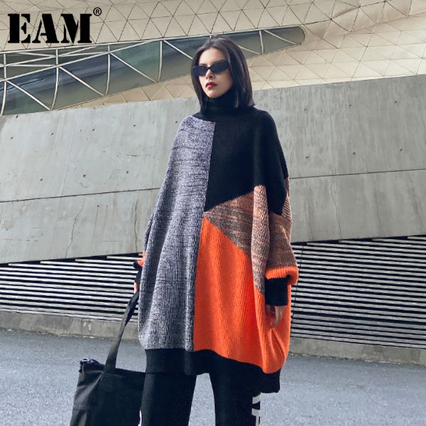 

[eam] big size contrast color knitting turtleneck sweater loose long sleeve women new fashion tide autumn winter 2021 1dd2254 210203, White;black