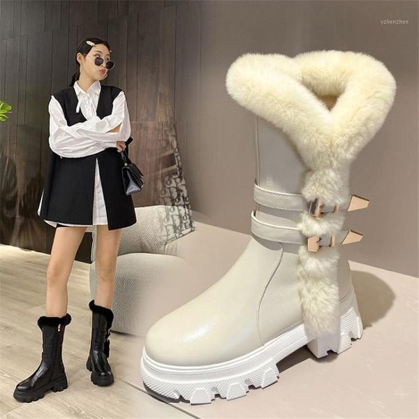 

boots winter women fur round toe chunky heel side zipper metal buckle warm essential in winter1, Black