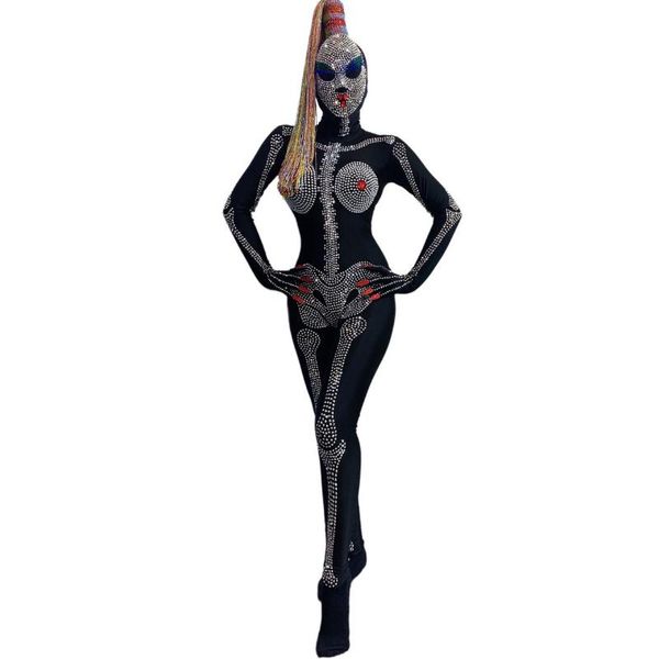 

women dance performance costume feather skull halloween mask jumpsuit stage gogo lead dance nightclub singer same style, Black;red