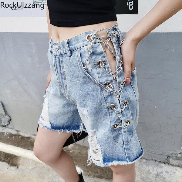 

rockulzzang high waist destroyed ripped hole hollow side metal chain denim jeans short women streetwear harajuku punk1, White;black
