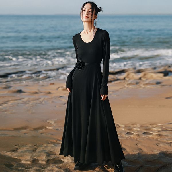 

cold black gray color knitted retro japanese dress asian women's small long slim waist closing pullover a-line dress