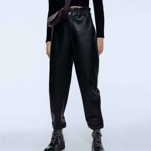 

new women autumn black faux leather elastic high waist jegging ladies loose pu fake leather trousers pockets zipper pants y200418, Black;white