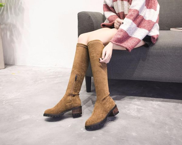 

boots solid sewing square heel zip long for women casual over-the-knee high fashion autumn winter round toe concise shoes, Black