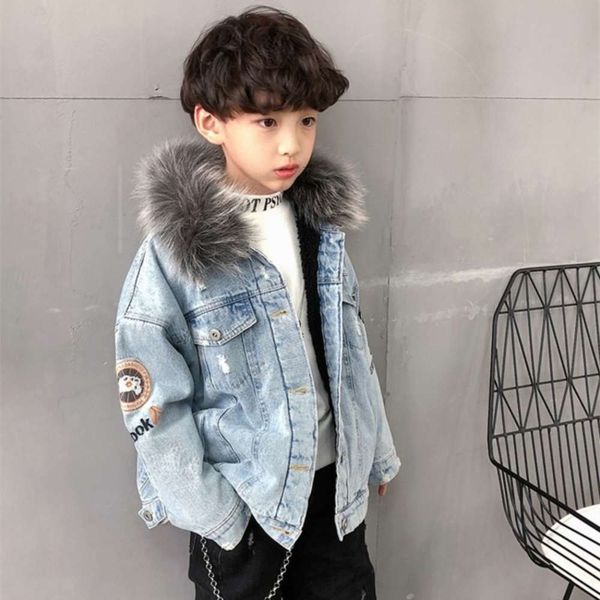 

boy's clothing 2020 cloth new winter wool collar plush denim coat middle and large children's et foreign fashion brand w3pf, Black