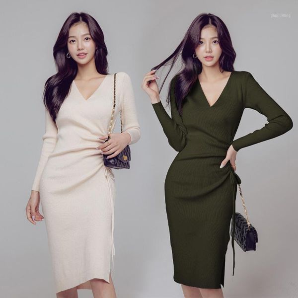 

winter sweater knitted one piece korea ladies long sleeve v neck midi warm office party dresses for women clothing1, Black;gray
