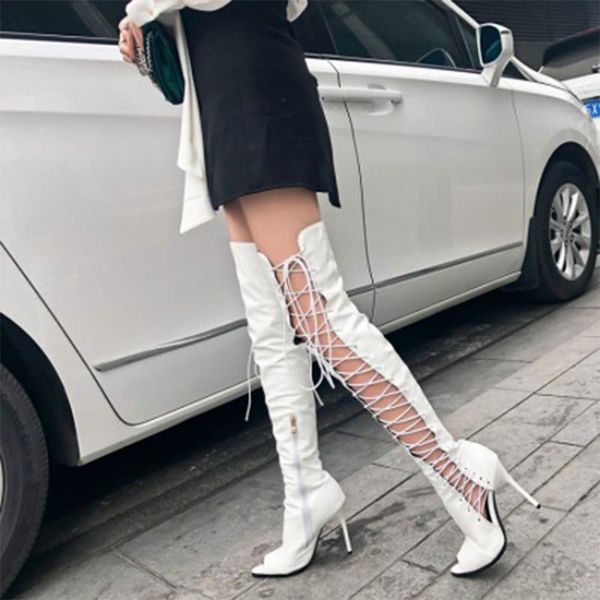 

women over knee boots woman narrow band lace up thin high heels female fashion peep toe pumps women's shoes big size 34-46, Black