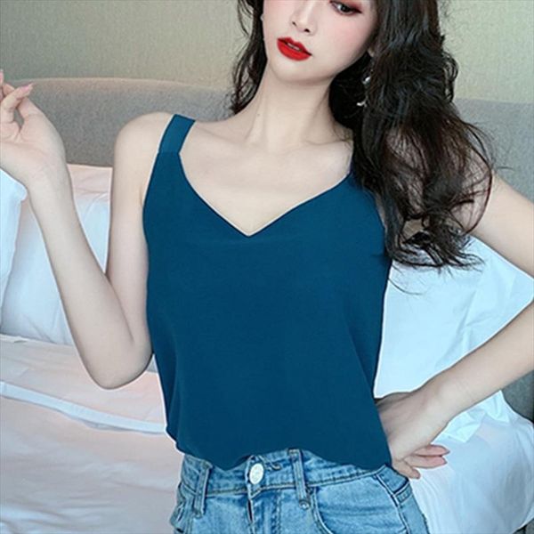 

корейский шифон женщины топы camis sexy halter top женщина без рукавов сплошные tain топы плюс размер женщины v шея камизол базовый белый ве, White