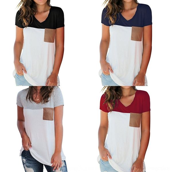 

hrw79 new short short sleeve v-neck stitching pocket new coat t-shirt coat sleeve v-neck stitching pocket t-shirt tfjb4 top, White
