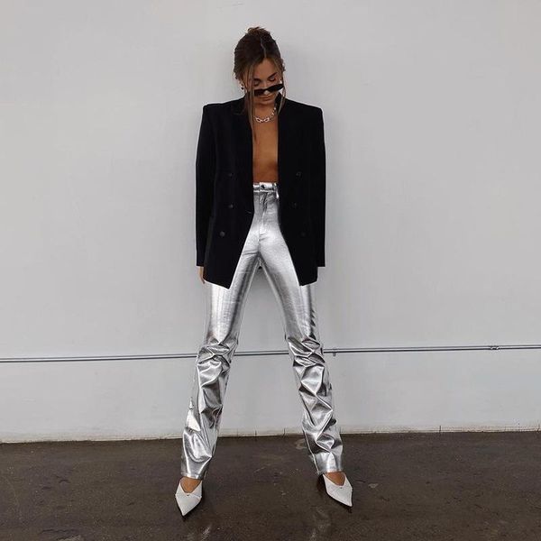 

fashion women trousers silver high waist pants causal full length streetwear clothing flared trousers ladies bell bottoms pants, Black;white