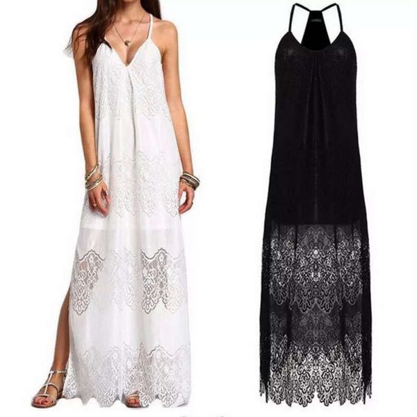 

summer women's new lace v-neck splicing suspender dress beach skirt, Black;gray