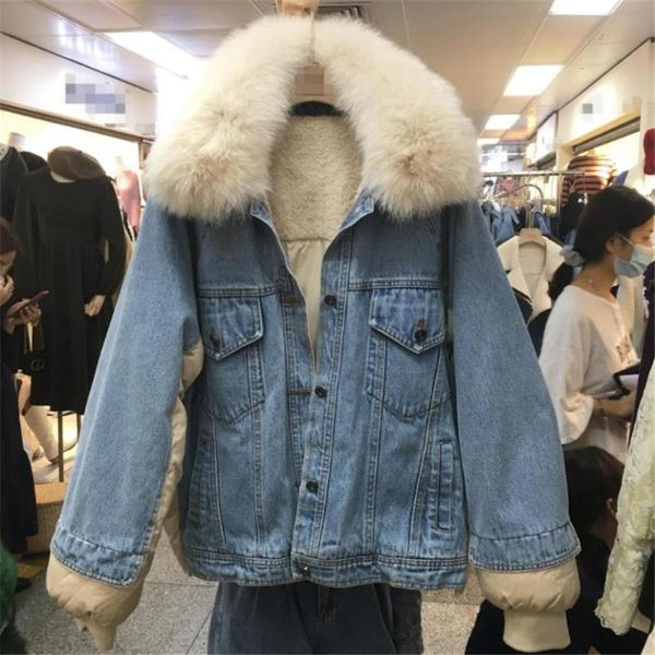 

2021 winter new denim stitching real fur collar cotton coat women lapel bat sleeve loose lamb wool thick padded jacket, Black