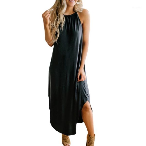 

women crew neck sleeveless loose split summer dresses ladies solid clothing sling dress for, Black;gray