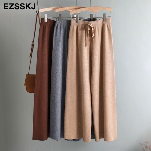 

autumn winter new thick casual straight pants women female drawstring loose knitted wide leg pants casual trousers 201031, Black;white