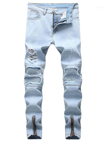 

jean long trousers men pencil pant youth street dress elastic hole washed fashion casual fashion hip hop washed men moownuc mwc11, Blue