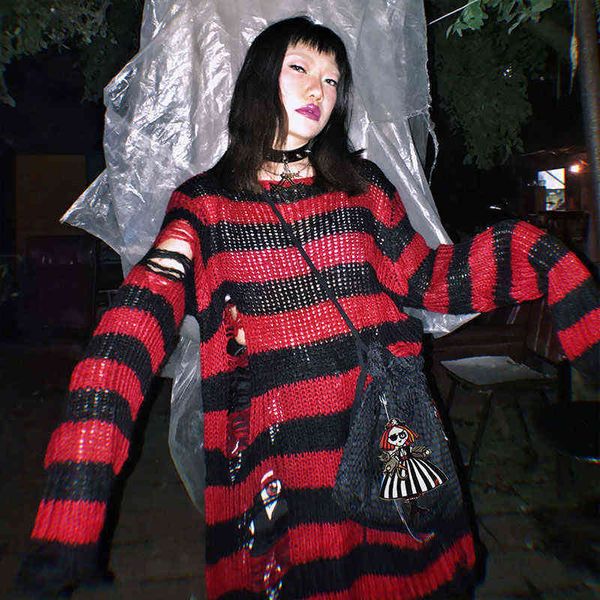 Gothic Punk Hole Stripe Tshirt Donna Pastello Goth Fata Grunge Harajuku Top Oversize Estetica scura Plus Size Emo alt Vestiti 220207