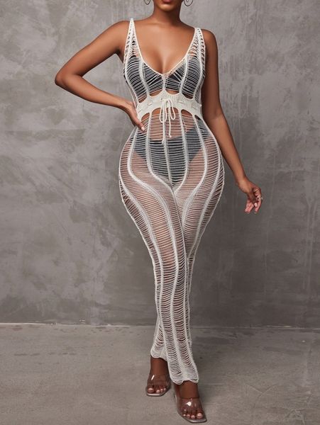 

sxy drawstring waist see through jumpsuit without lingerie s0ln#, White