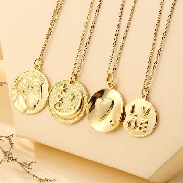 

vintage stainless steel chain copper plated gold human head star moon love pendant necklace for women charm female jewelry, Silver