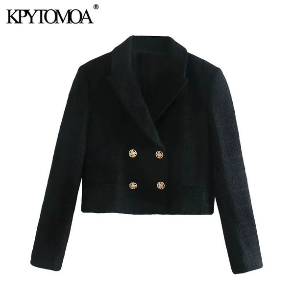 

kpytomoa women fashion double breasted tweed cropped blazer coat vintage long sleeve pockets female outerwear chic 201201, White;black