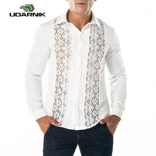 

men's crochet floral lace long sleeve slim shirt casual party wedding blouse clubwear black white turn-down collar 903-b2241, White;black