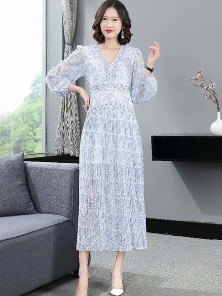 

2021 new spring vintage printing cleavage on long curly sleeve thin tempers plied dress of medium length j8ue, Black;gray