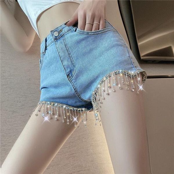 

women's shorts summer hign waist denim slim design jeans with shinny diamond tassels women super short, White;black