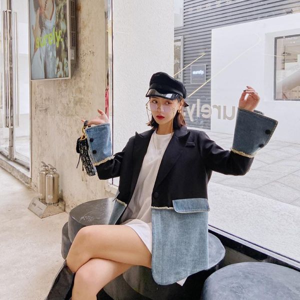 

2021 new spring women denim jacket women coat lapel patchwork denim blazer clothing bc835, White;black