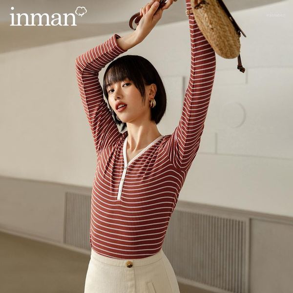 

inman 2020 autumn new arrival basic long sleeve v-neck contrast color stripe neckline open button comfortable t-shirt1, White