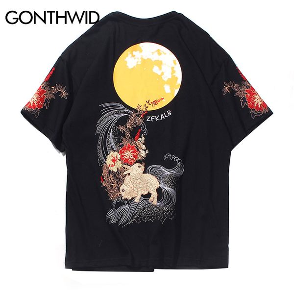 

embroidery rabbit flowers moon print tees shirts streetwea harajuku hip hop casual short sleeve tshirts men summer kg-161, White;black