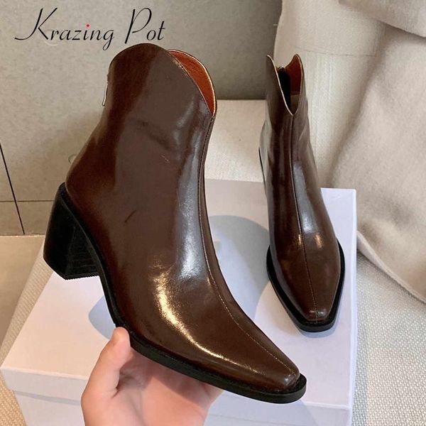 

boots krazing pot western split leather classic colors small square toe thick high heel back zip modern mature ankle l66, Black