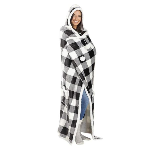 

pom-pom hooded throw blanket thicken and lengthen warm printed casual home blanket fping