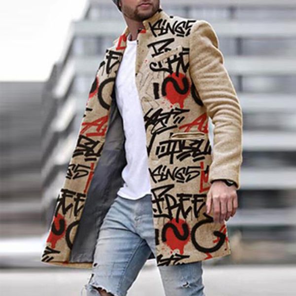 Jaquetas masculinas retro letra letra impressão de lã jaqueta homens casuais Único peito de bolso overcoat outono inverno de manga longa macho top outerwe