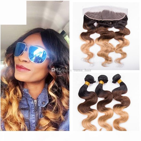 

human hair 3 bundles ombre brazilian body wave with part lace frontal t1b 4 27 black to brown blonde bundles with frontal, Black;brown