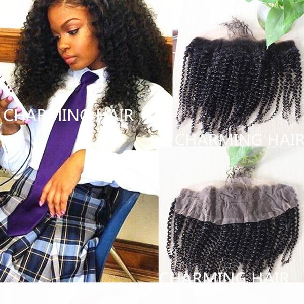 

ear to ear 7a virgin brazilian kinky curly lace frontal 13x4 full lace frontal with bleached knots for black women, Black;brown