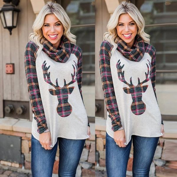

#r40 double-layer shirt christmas blouse women elk plaid print shirts xmas pullover o neck long sleeve casual blouses, White