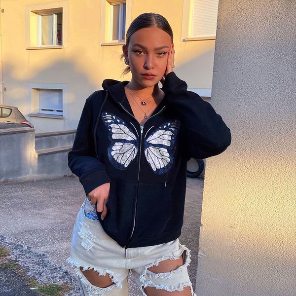 

fashionable butterfly print new long sleeve hoodie for autumn winter 2020 women's casual jacket, Black