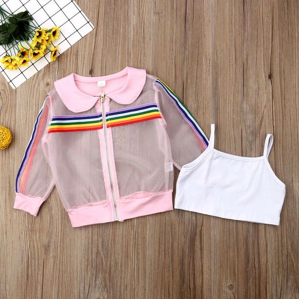 2019 kinder Sommer Kleidung Kleinkind Kinder Baby Mädchen Mesh Mantel + Weste + Hosen Outfit 3 Stücke Sunsuit Bunte regenbogen Gestreiften Set