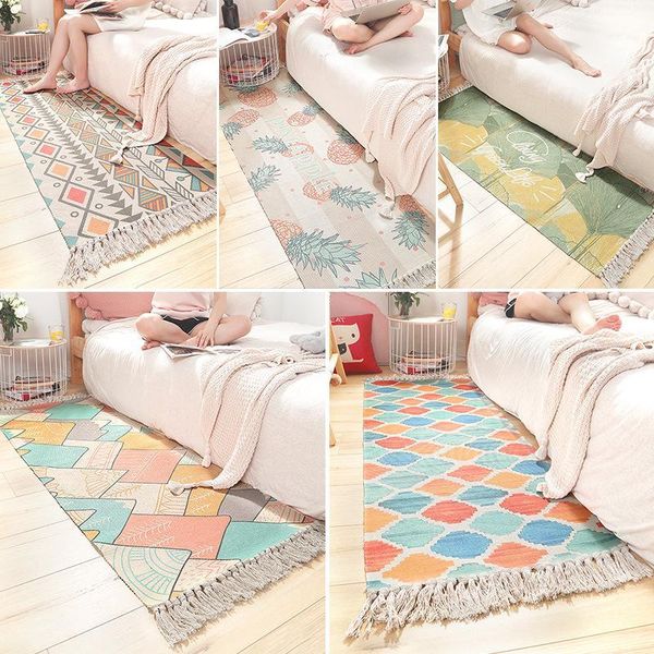 

ins japanese cotton carpet hand-woven bedside carpet green household bedroom room strip tassel anti-slip mat 5 colors rugs1