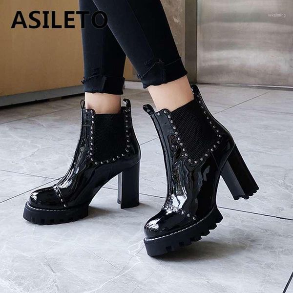 

boots asileto genuine cow patent leather women round toe platform ankle punk motorcycle riding rivets booties botas bottes1, Black