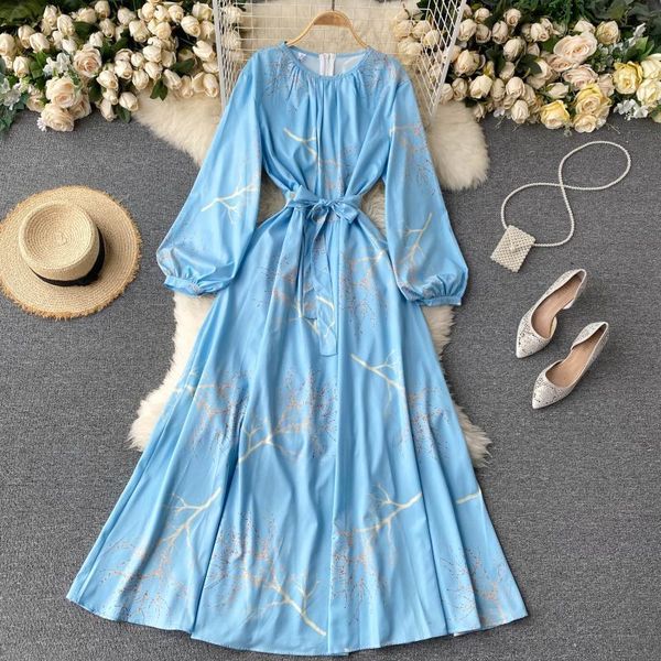 

2021 new female singer impression maxi dress autumn neck puff rentals up elegant line dressed fashion streetwear blue long robe 1fyp, Black;gray
